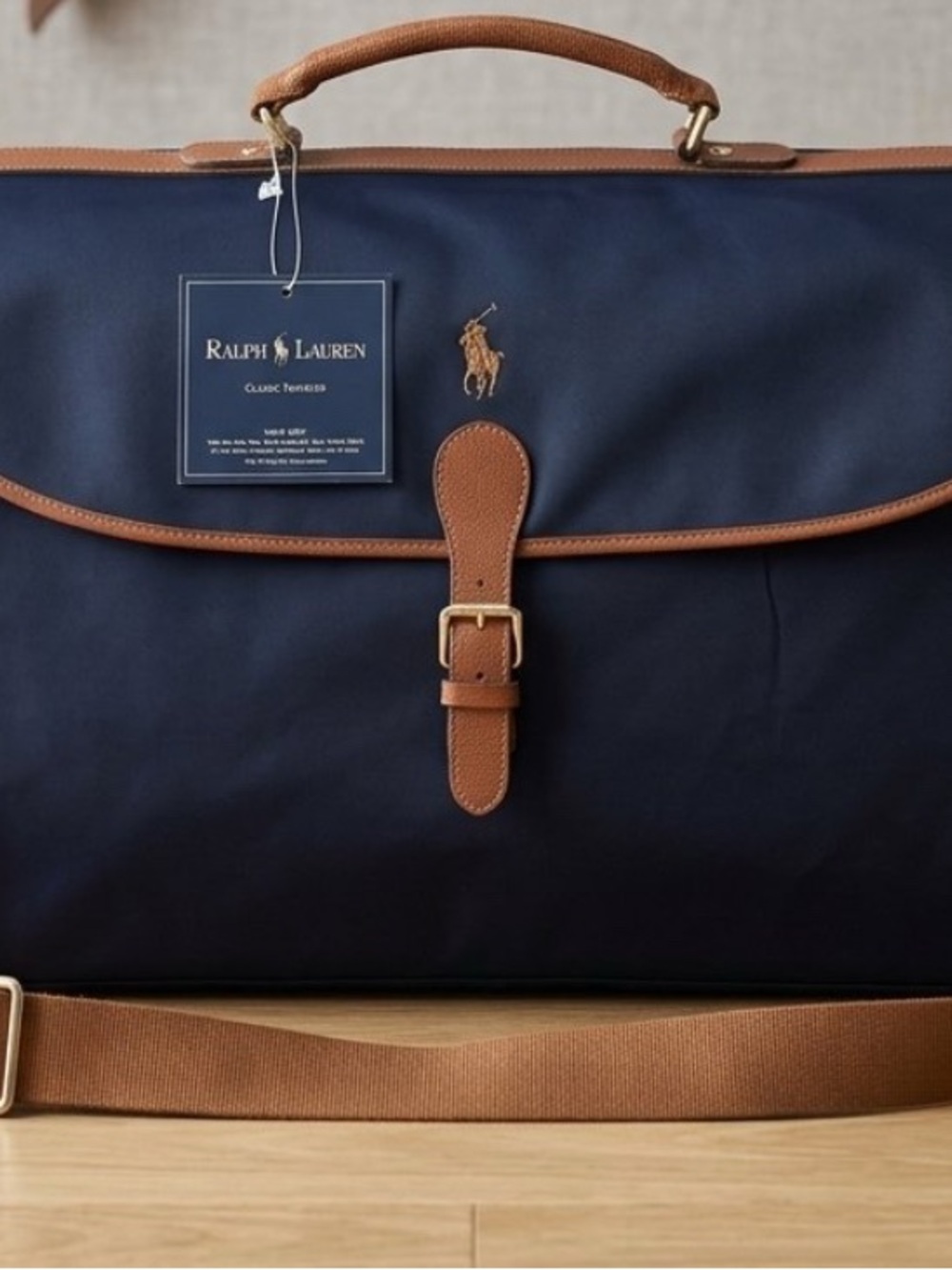 Ralph Lauren Navy Messenger Bag with Brown Leather Trim